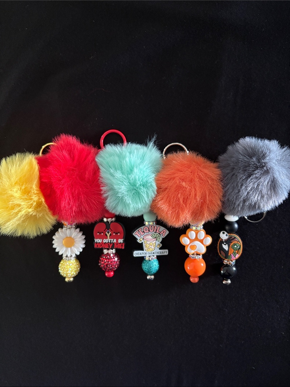 Pom Pom Beaded Bag Charm Keychains - Multicolor Set of 5 - Picture 1 of 6